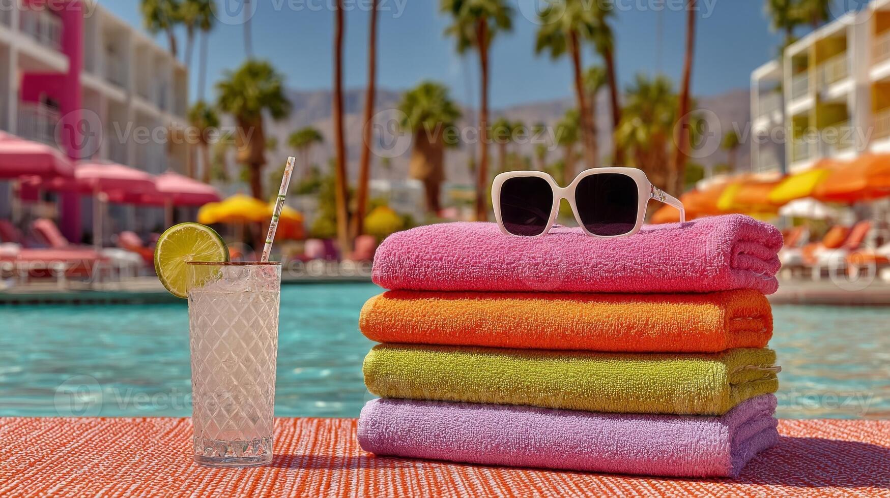 Colorful Towels Stacked by Pool with Sunglasses and Cocktail photo