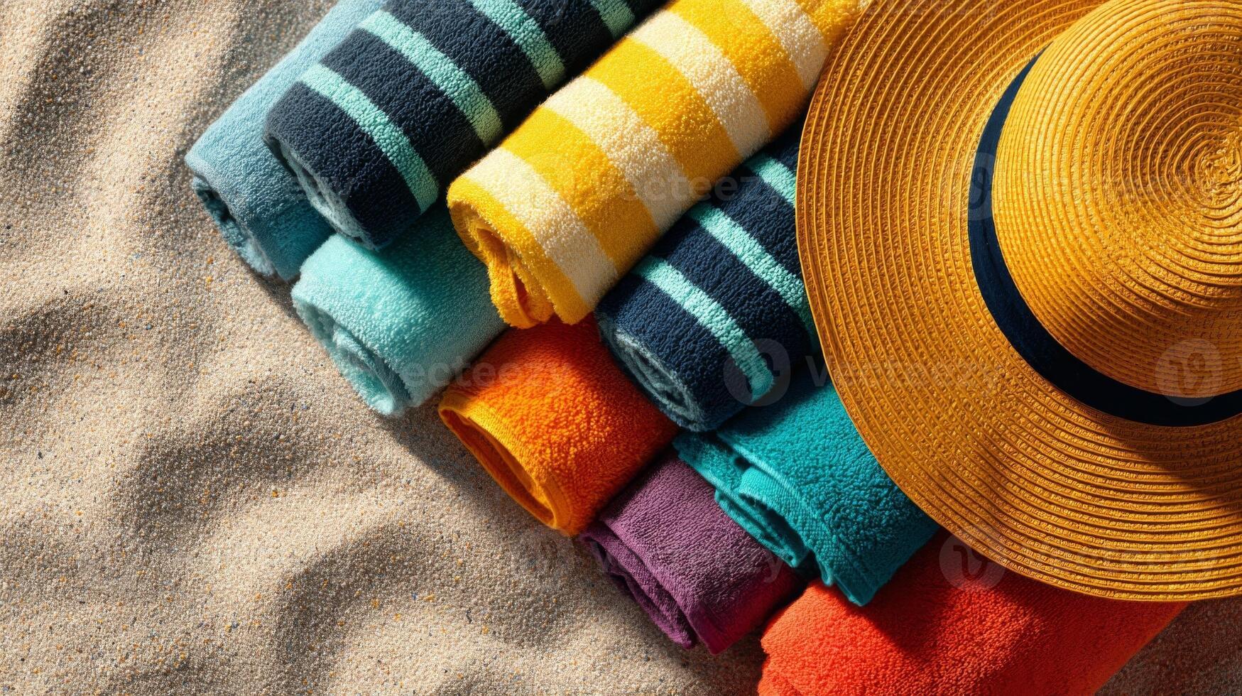 Colorful Striped Beach Towels and Straw Hat on Sand photo