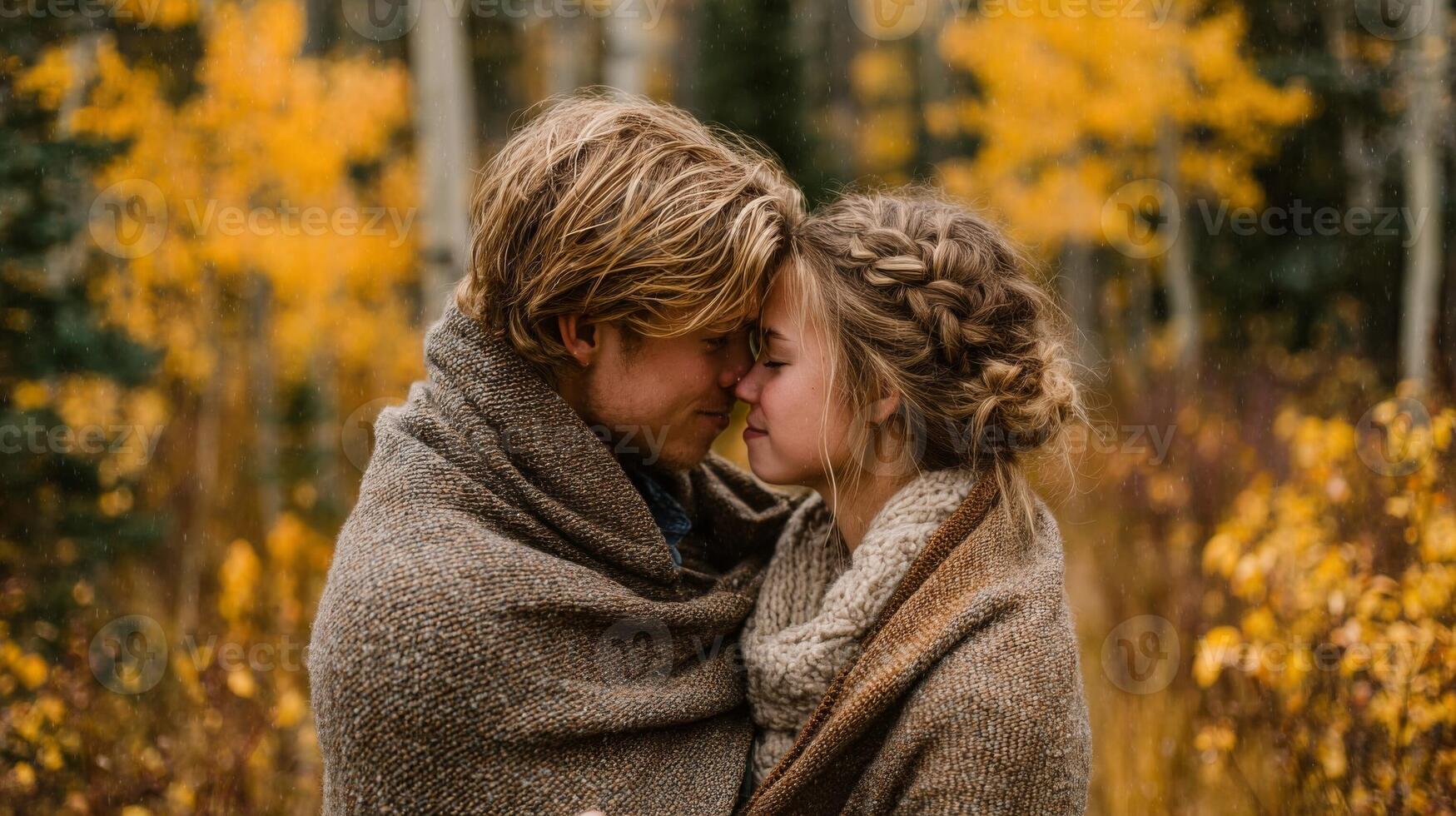 Romantic Couple Embracing in Autumn Forest photo