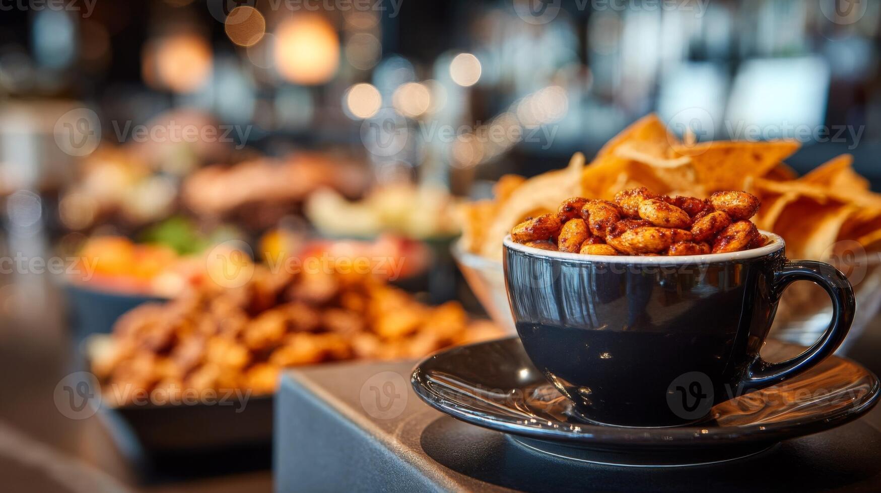 Spicy Nuts and Tortilla Chips in a Dark Cup at a Restaurant photo