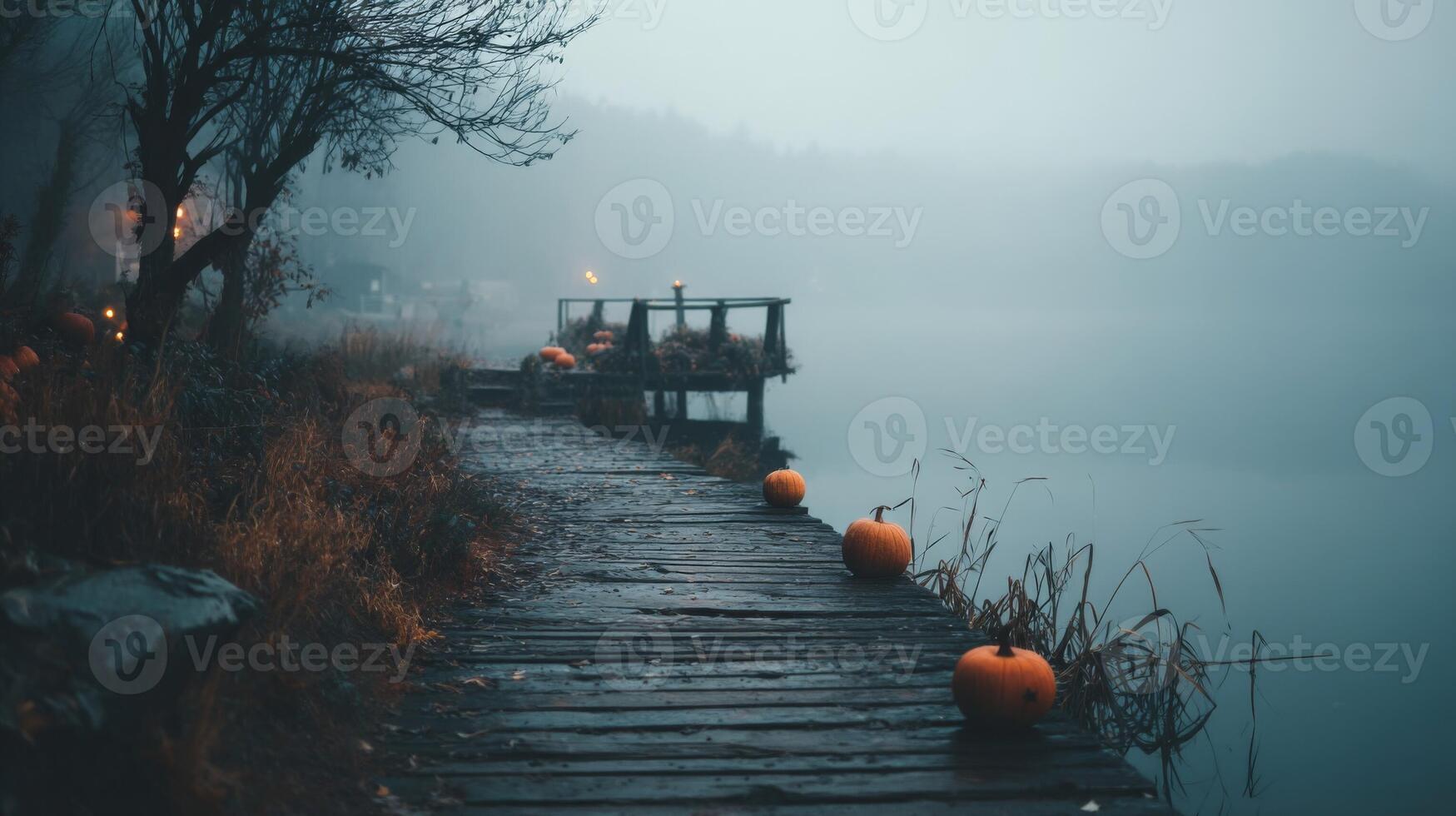 Foggy Autumn Lake with Pumpkins on a Wooden Dock photo