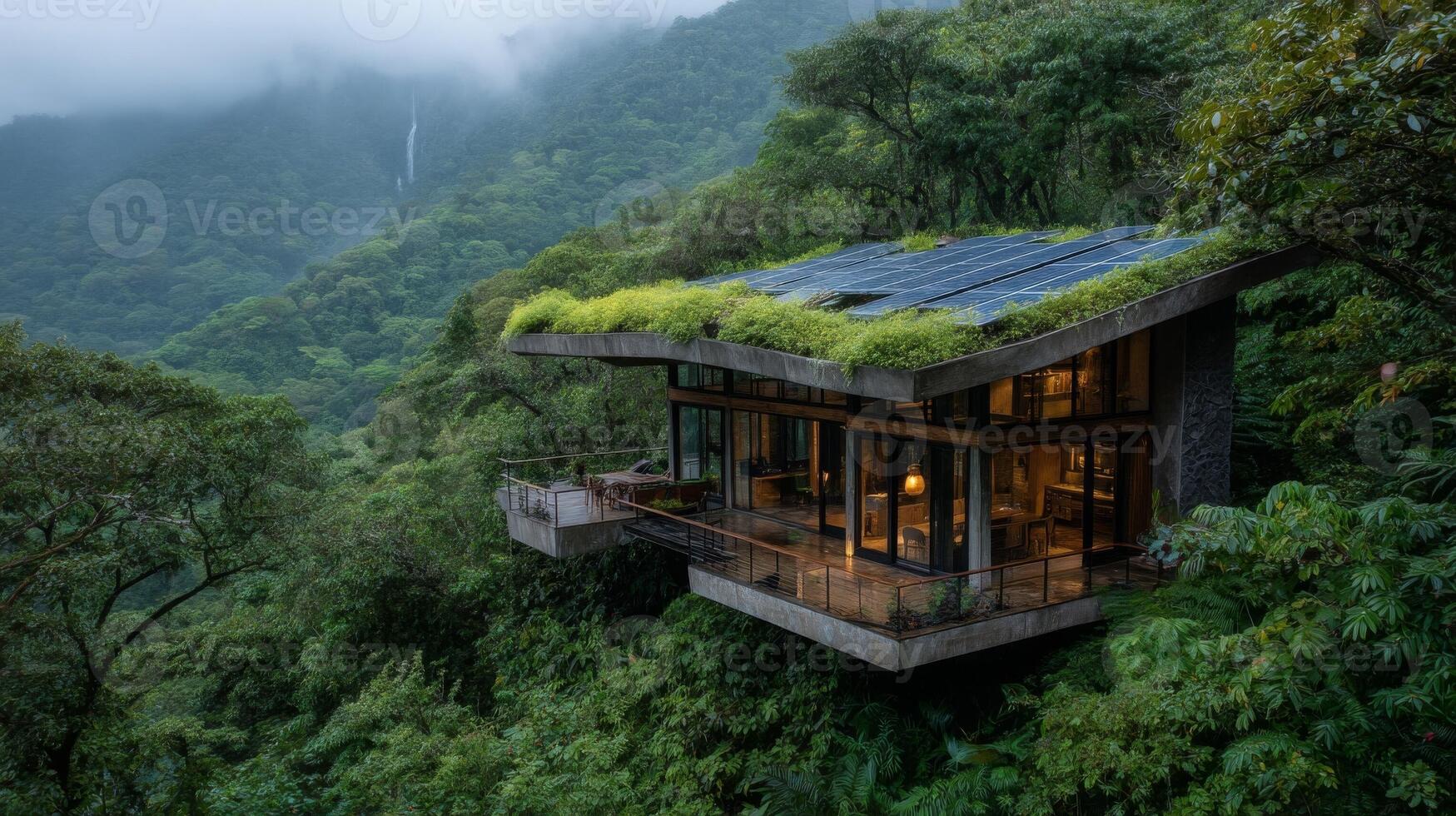 Modern Green Roof House in Lush Jungle Landscape photo
