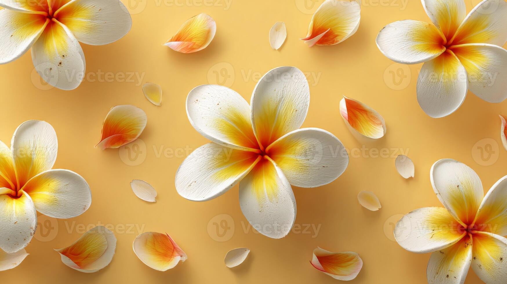 White and Yellow Plumeria Flowers on Pastel Yellow Background photo