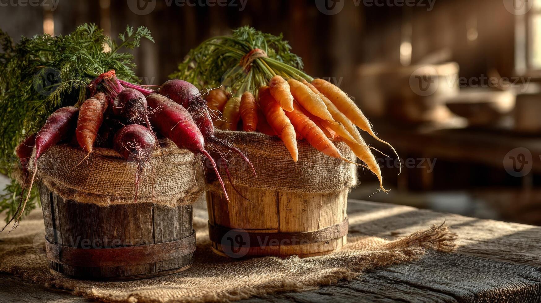 Freshly Harvested Carrots and Beets in Rustic Wooden Buckets photo
