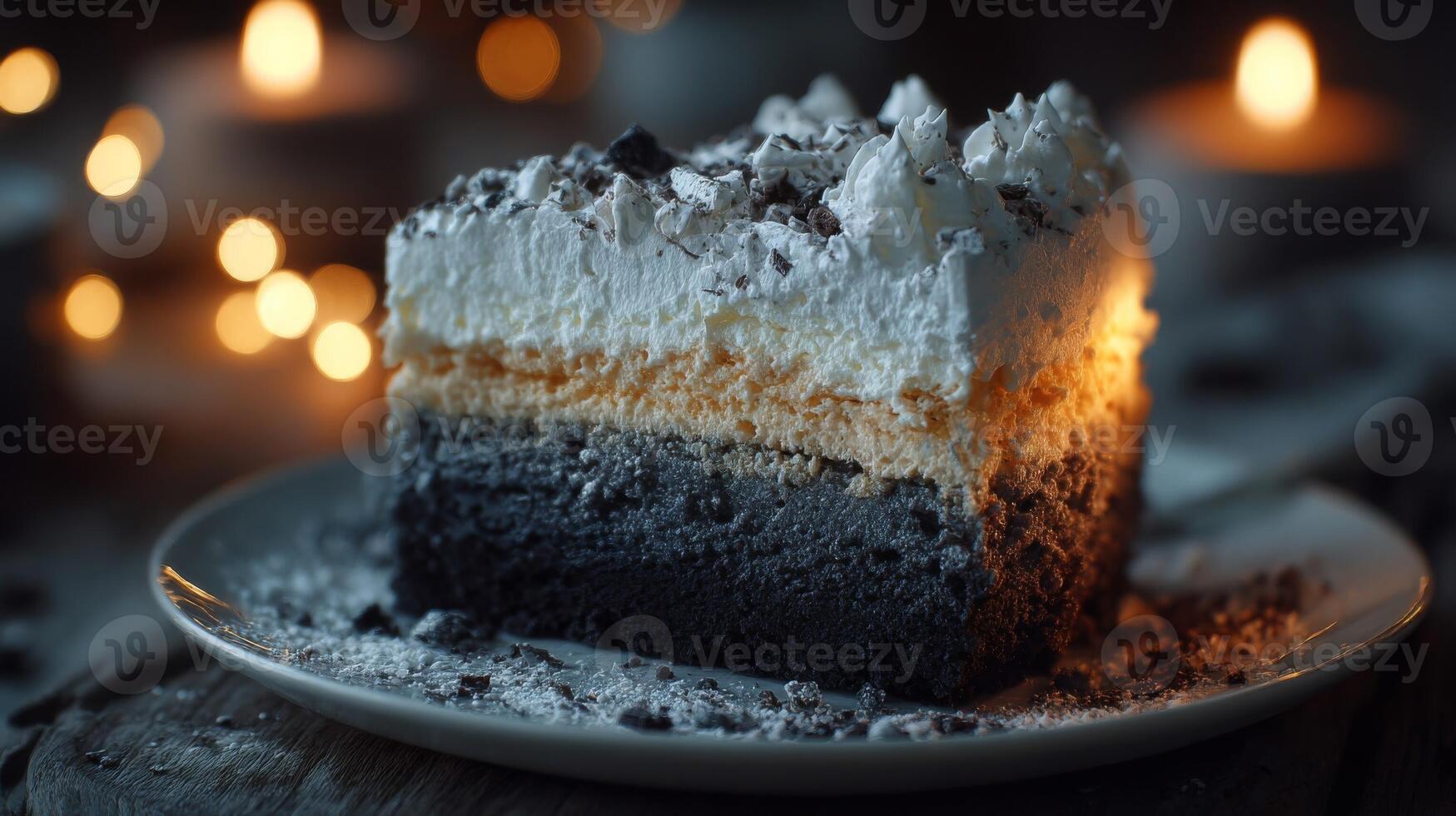 Layered Chocolate Cake with Whipped Cream and Candles photo