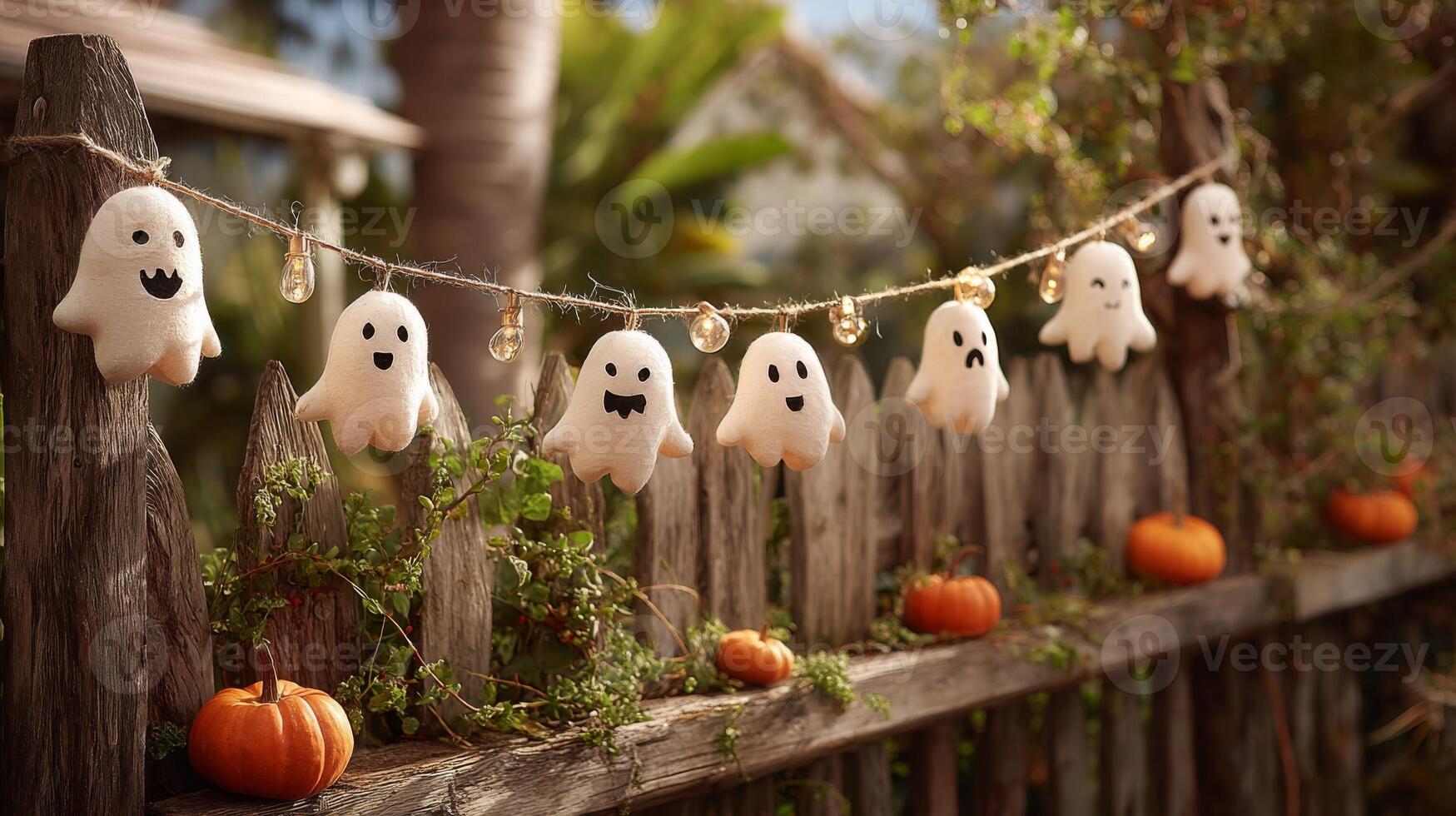 Adorable Plush Ghosts Decorate Rustic Wooden Fence photo