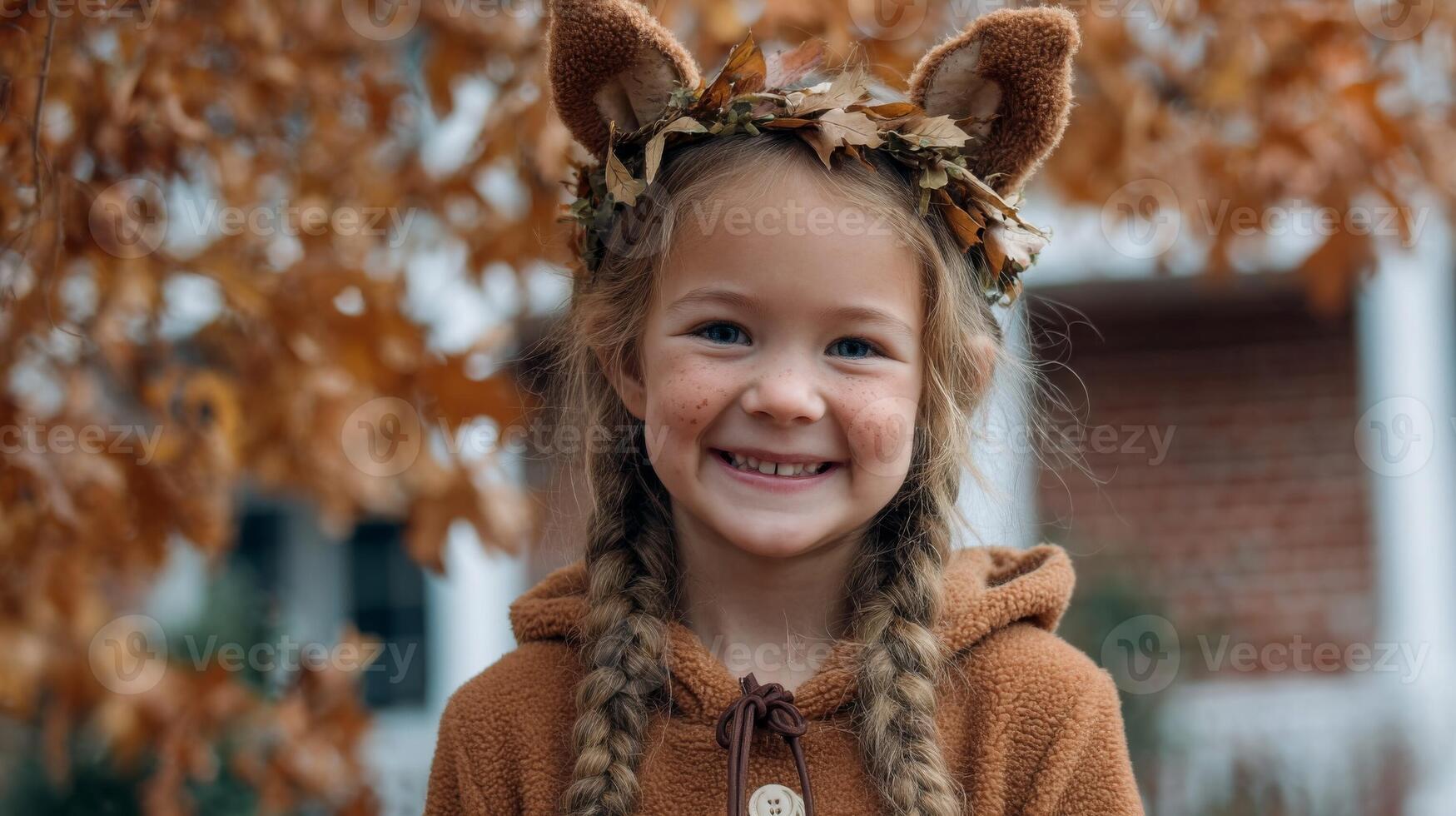 Smiling Girl in Brown Deer Costume with Autumn Leaves photo