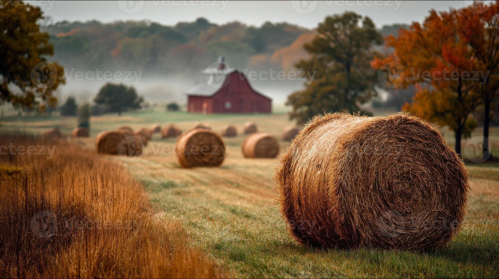 Hay Bales in a Misty Autumn Field with Red Barn photo