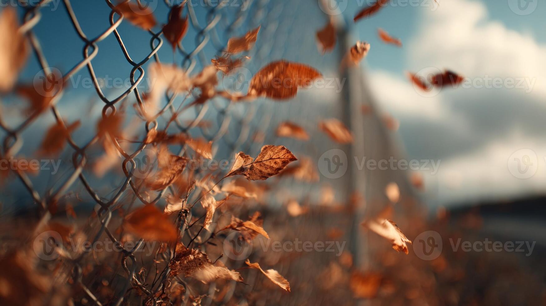 Brown Autumn Leaves Blowing Against Chain Link Fence photo