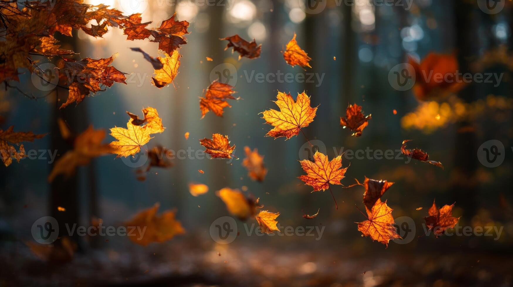 Close up Falling Autumn Leaves in a Sunlit Forest photo