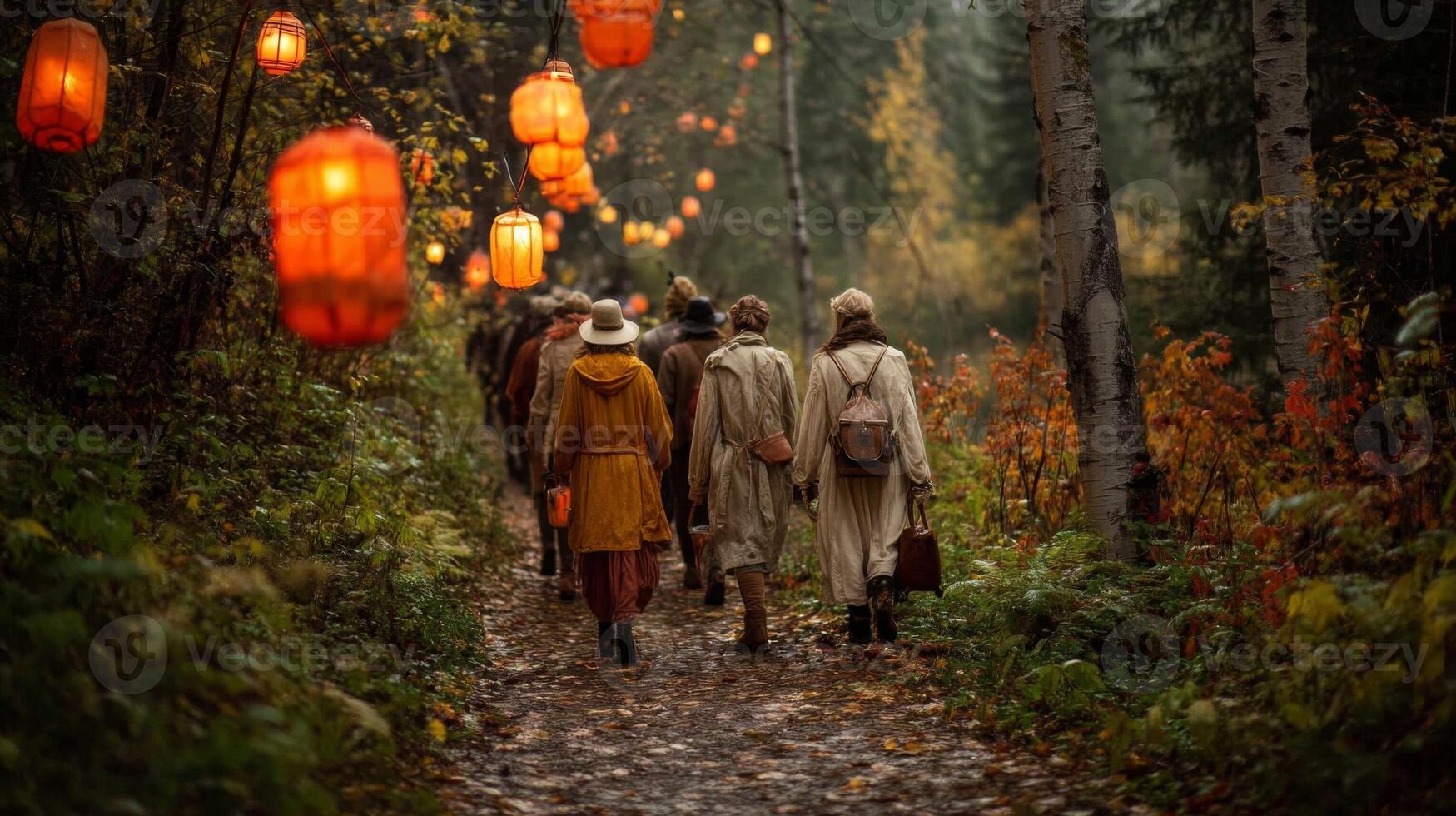 People Walking on Autumn Forest Path with Illuminated Lanterns photo