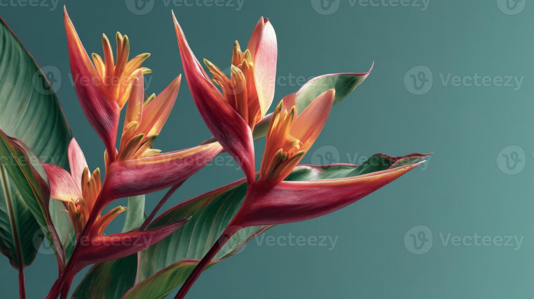 Red Orange Flowers Teal Background Closeup photo
