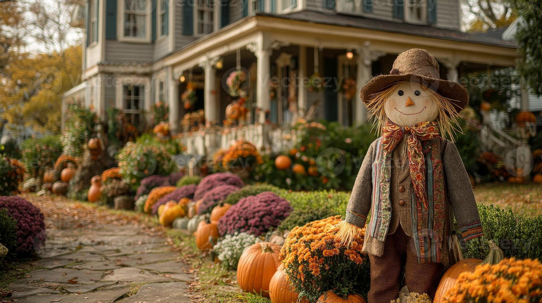Autumnal Scarecrow and Pumpkins at a House photo