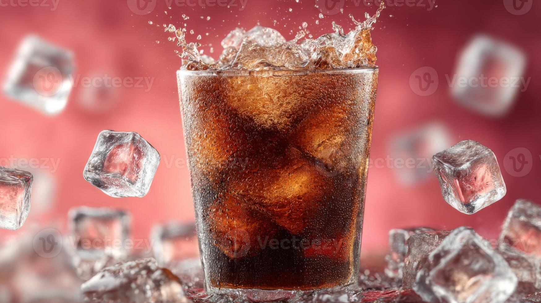 Brown Cola Drink with Ice Cubes Splashing on Red Background photo