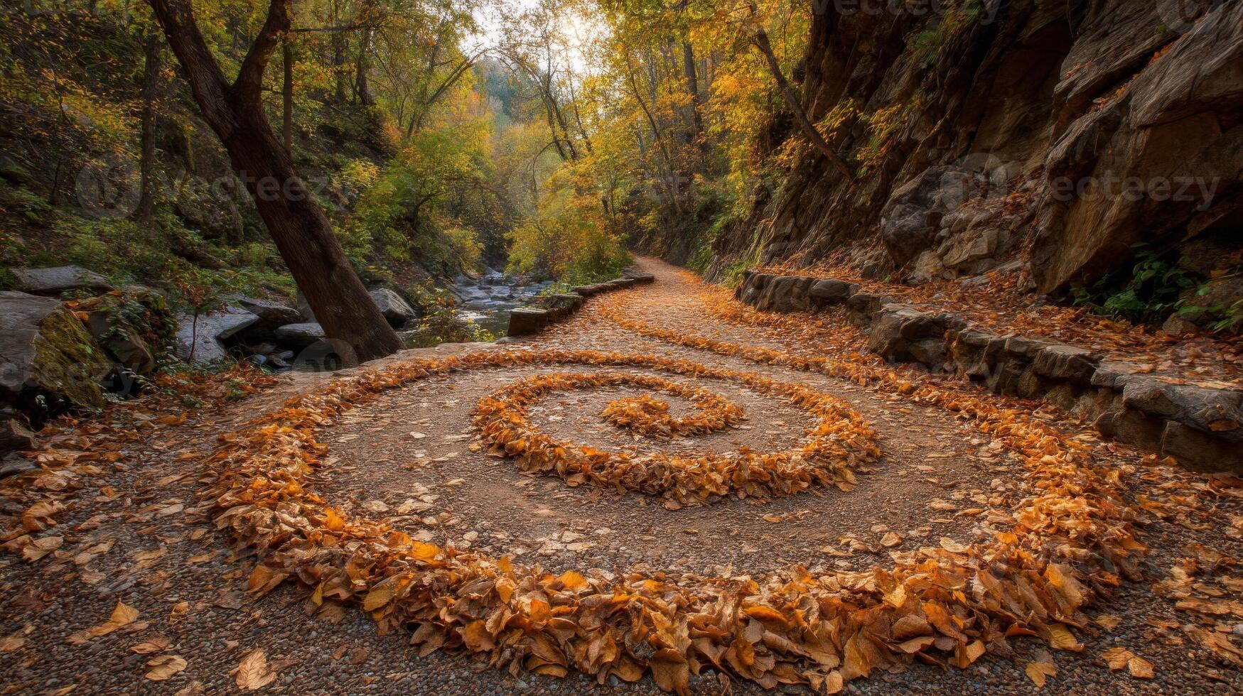Autumnal Spiral Leaf Pattern on Gravel Path in Forest photo