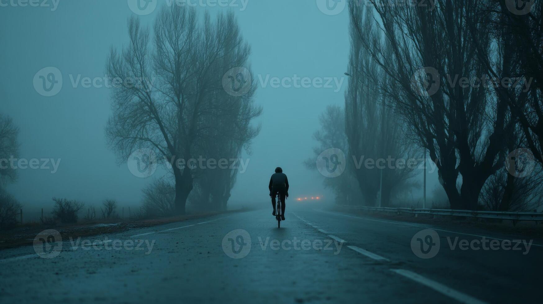 Cyclist Riding on Foggy Road at Dusk photo
