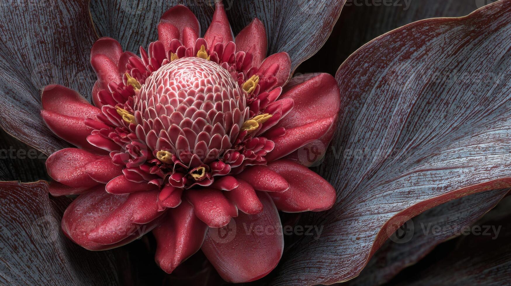 Close-Up of a Red Flower with Dark Leaves photo