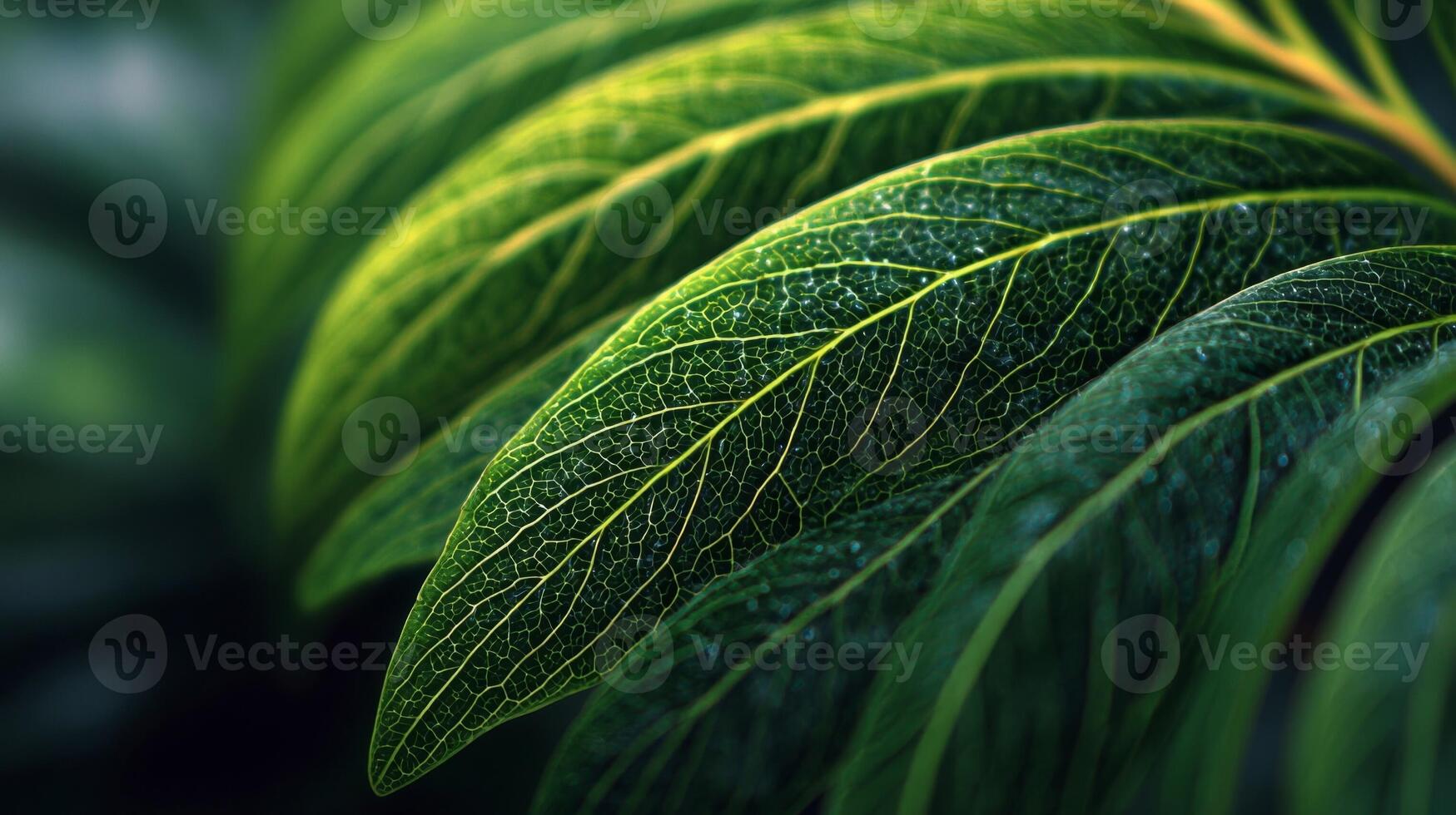 Close Up of Lush Green Leaves with Dew Drops photo