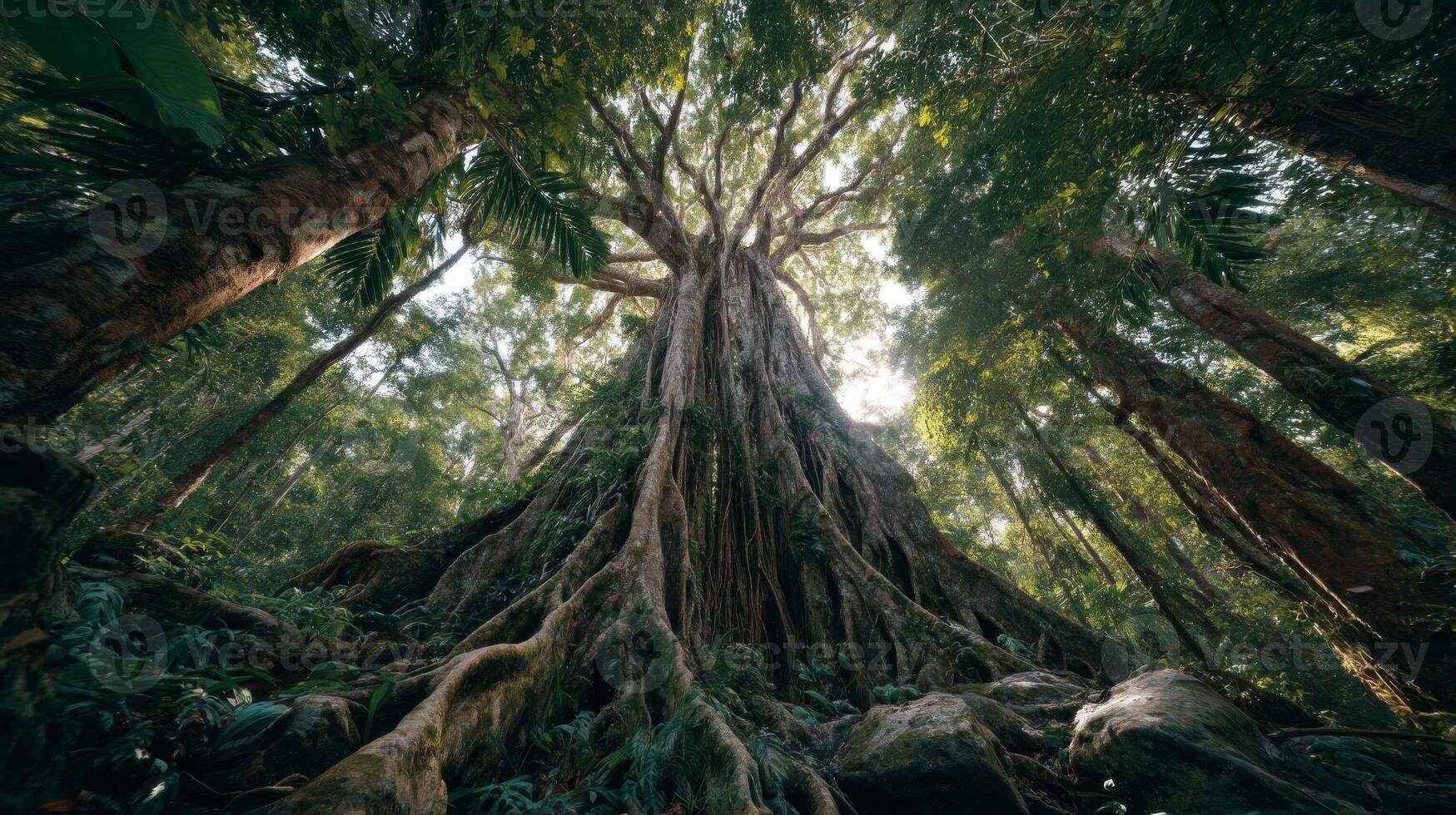 Ancient Tree in Lush Green Forest Sunlight Canopy photo