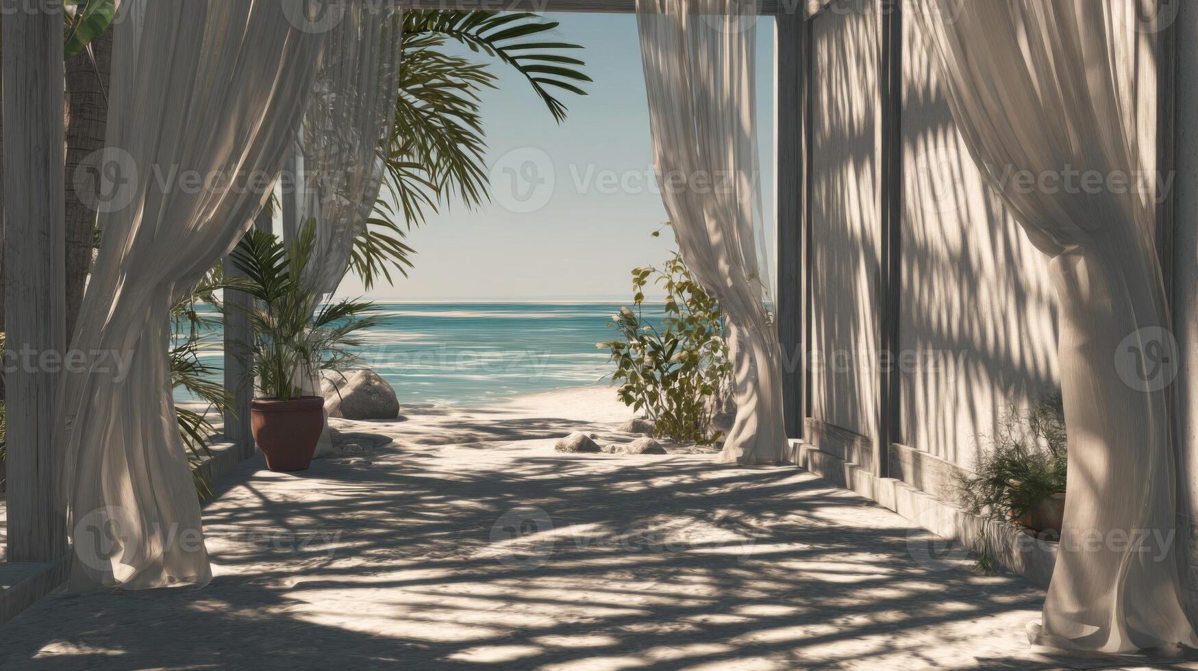 Pathway to Tropical Beach Through White Curtains photo