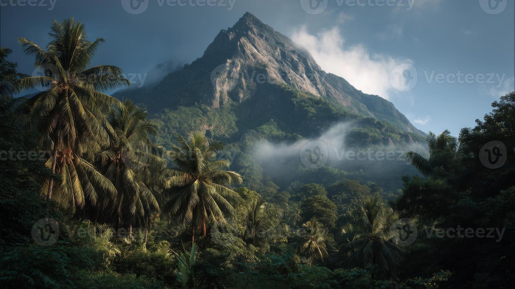 Lush Tropical Mountain Peak with Fog and Palm Trees photo