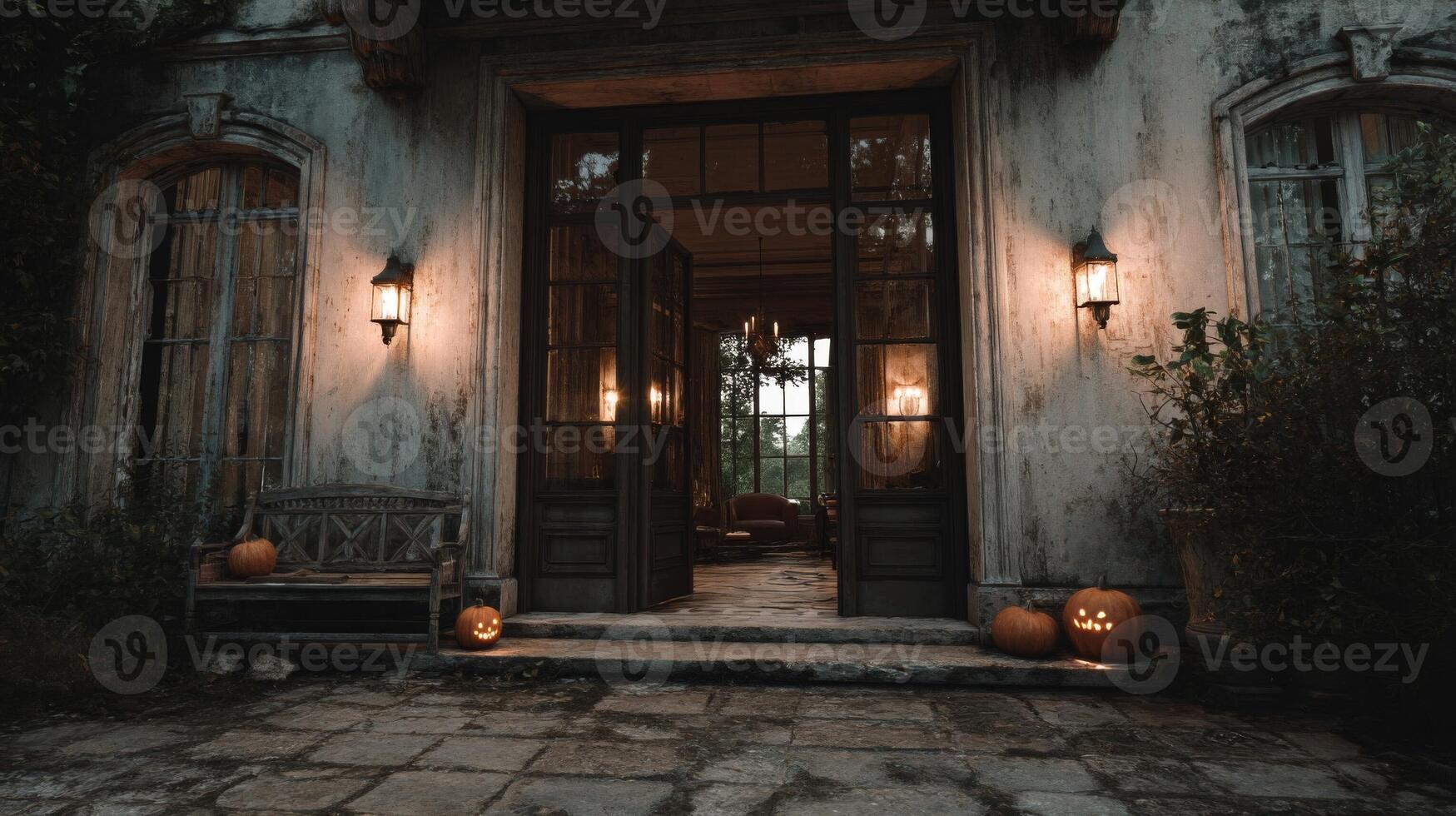 Old House Entrance at Night with Pumpkins photo