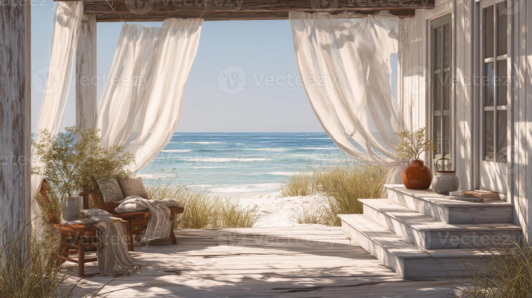 Coastal House Patio View with White Curtains photo