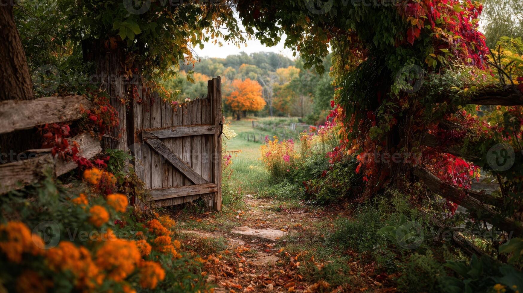 Rustic Wooden Gate in Autumnal Garden photo