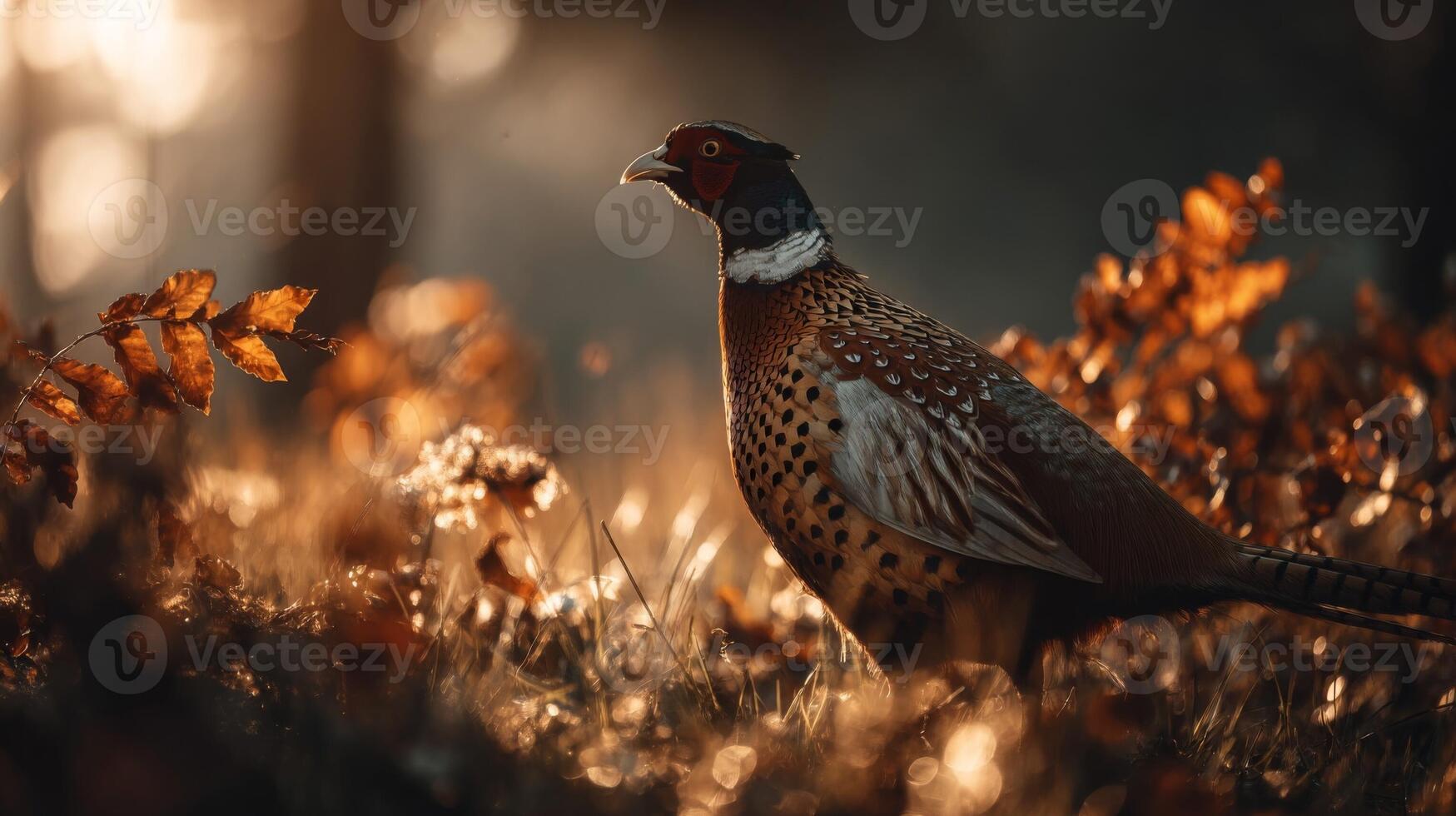 Speckled Pheasant in Autumn Forest Sunlight photo