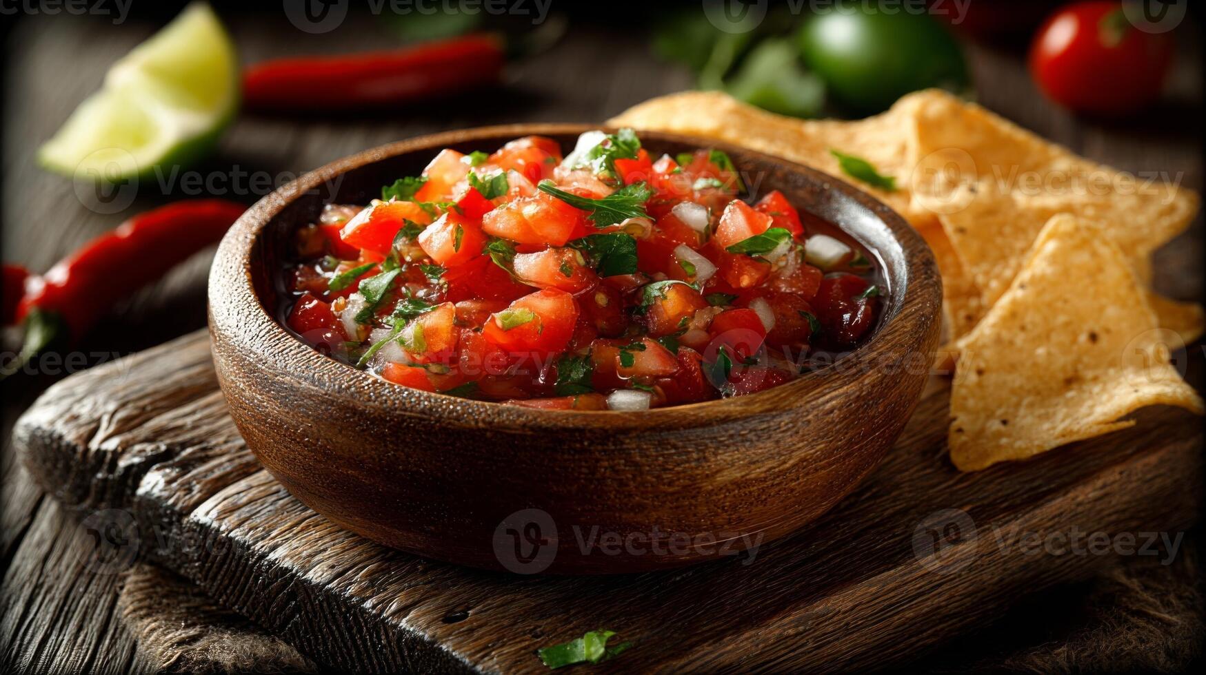 Fresh Salsa with Tortilla Chips in Wooden Bowl photo