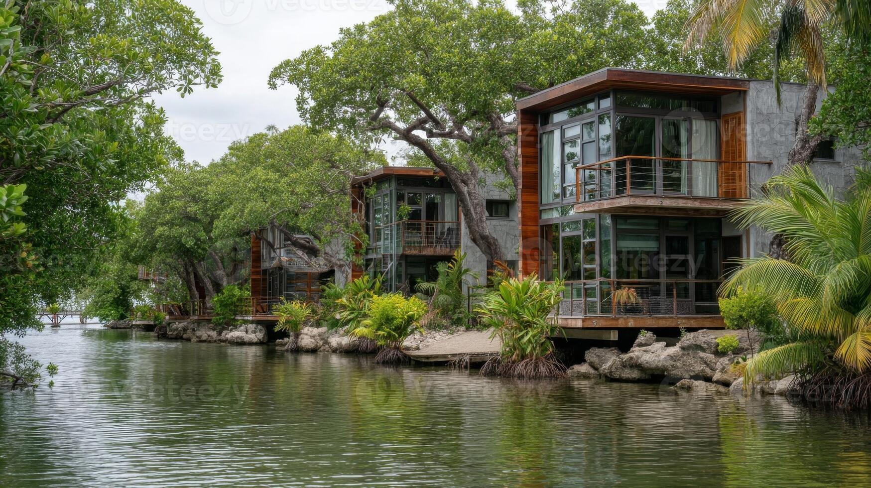 Overwater Bungalows on Tropical Lagoon photo