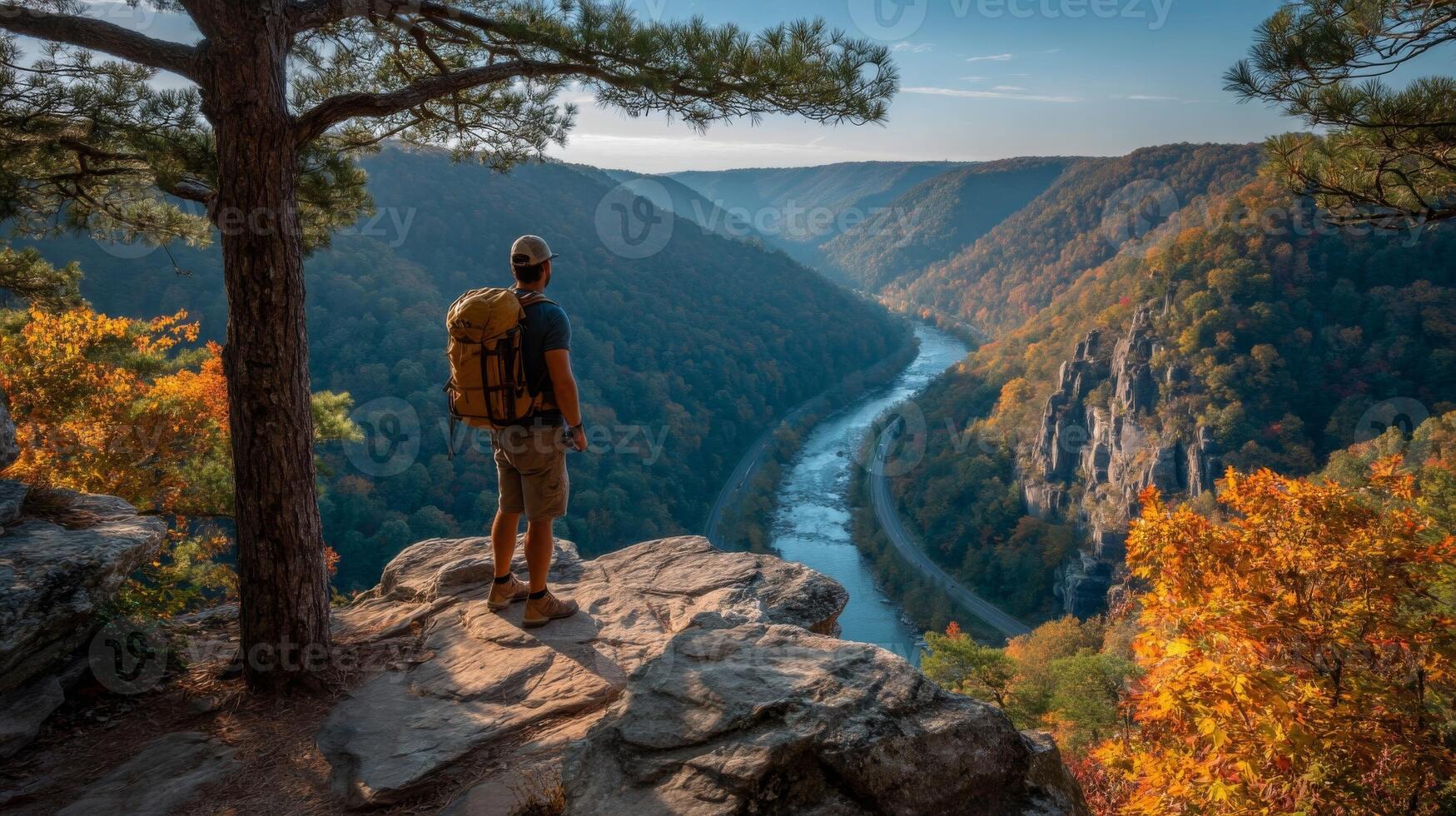 Hiker on a Cliff Overlooking an Autumn Valley photo