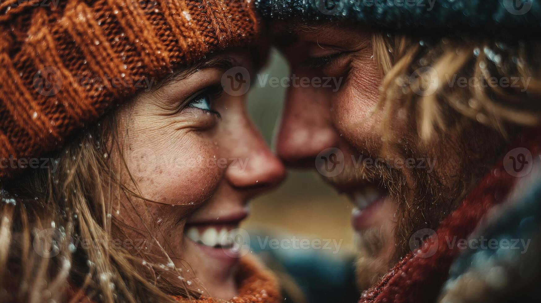 Smiling Couple Close Up in Winter Snow photo