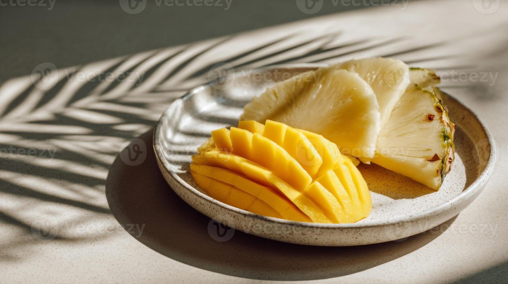 Ripe Mango and Pineapple Slices on a Plate in Sunlight photo