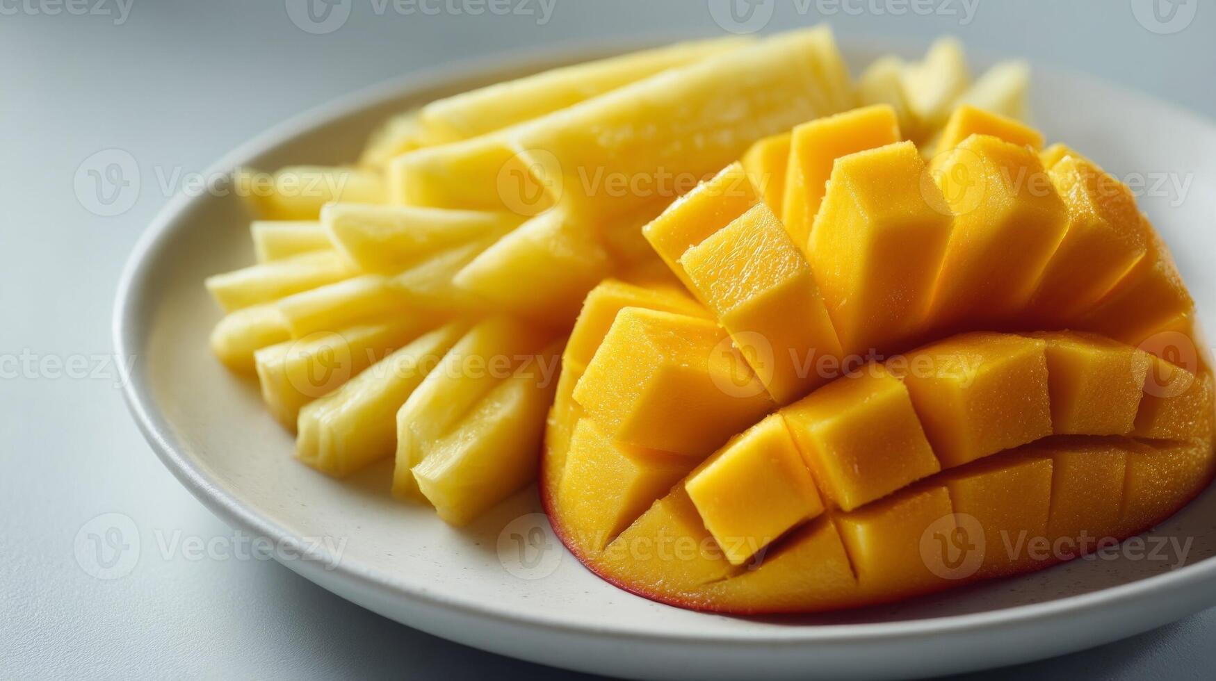 Cubed Mango and Pineapple Slices on a Plate photo