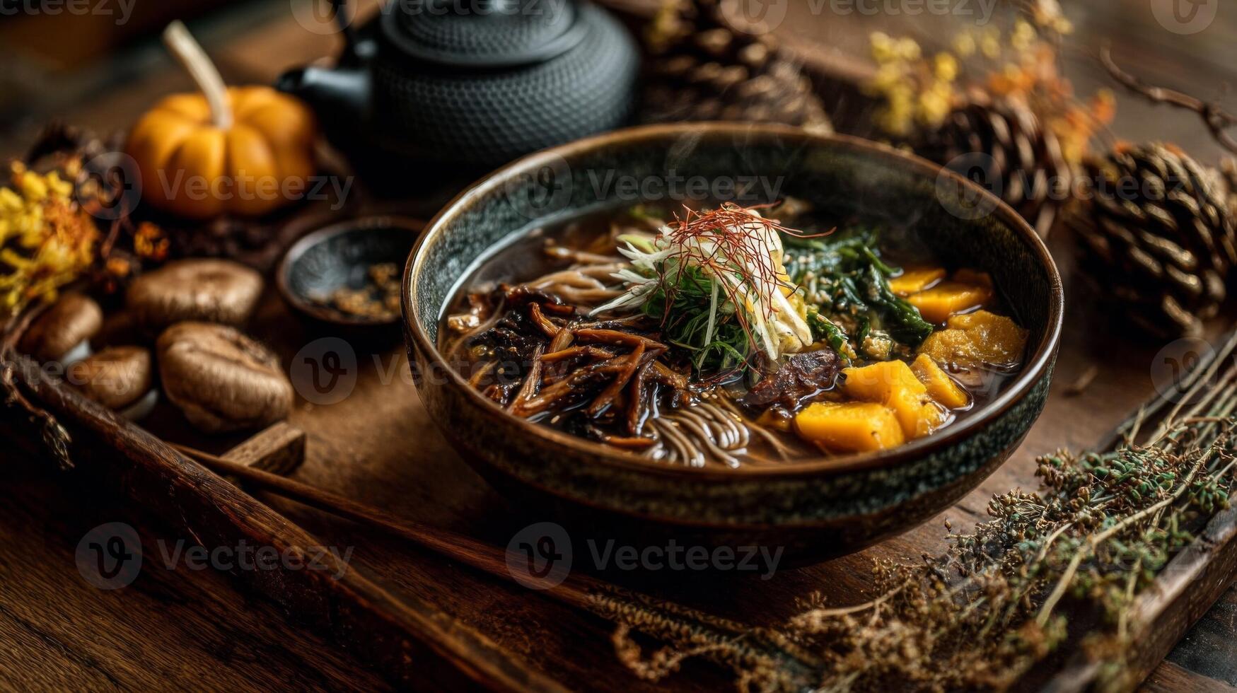 Warm Autumnal Noodle Soup with Pumpkin and Mushrooms photo