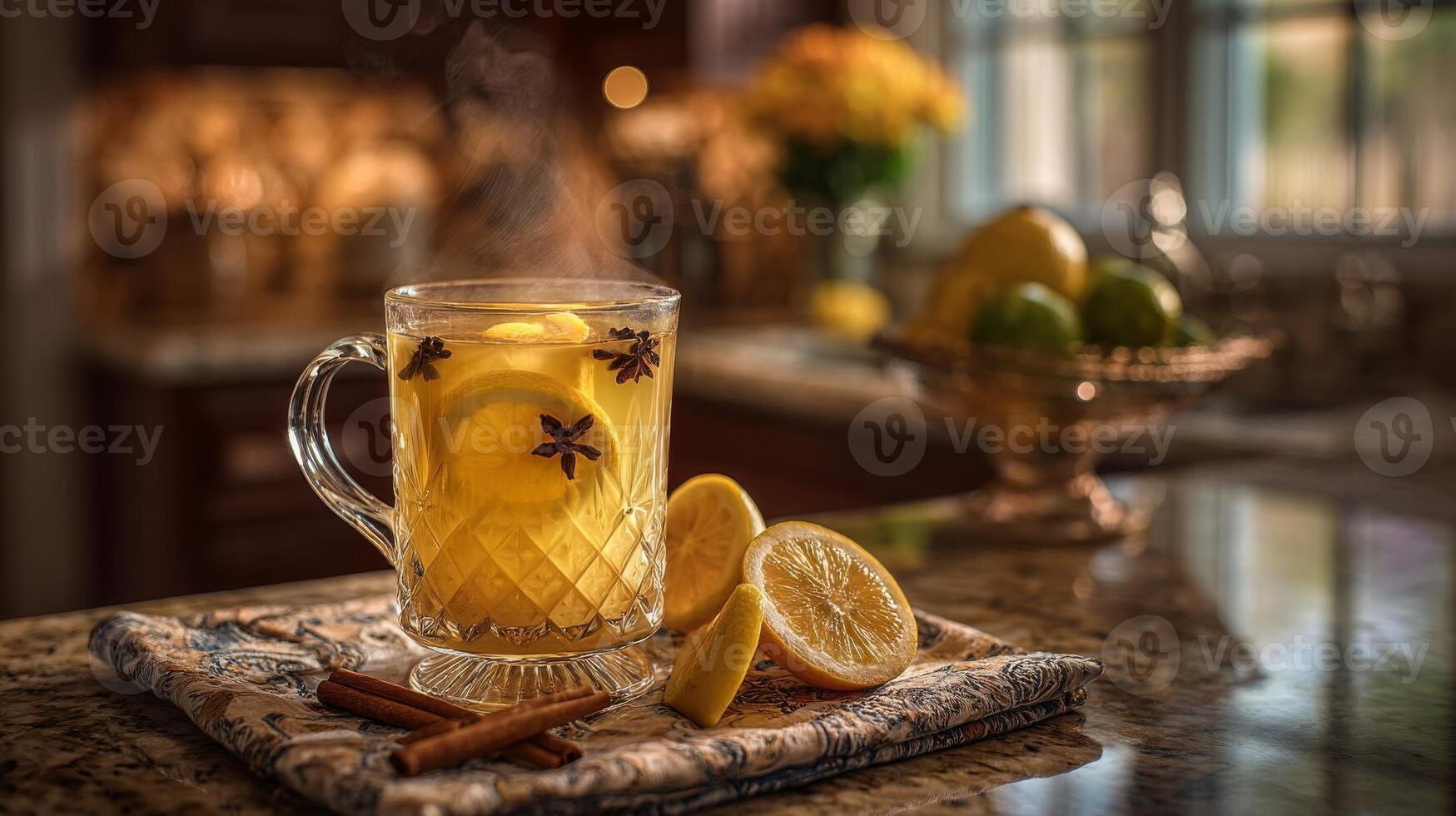 Steaming Hot Lemon Spice Tea in Glass Mug on Kitchen Counter photo