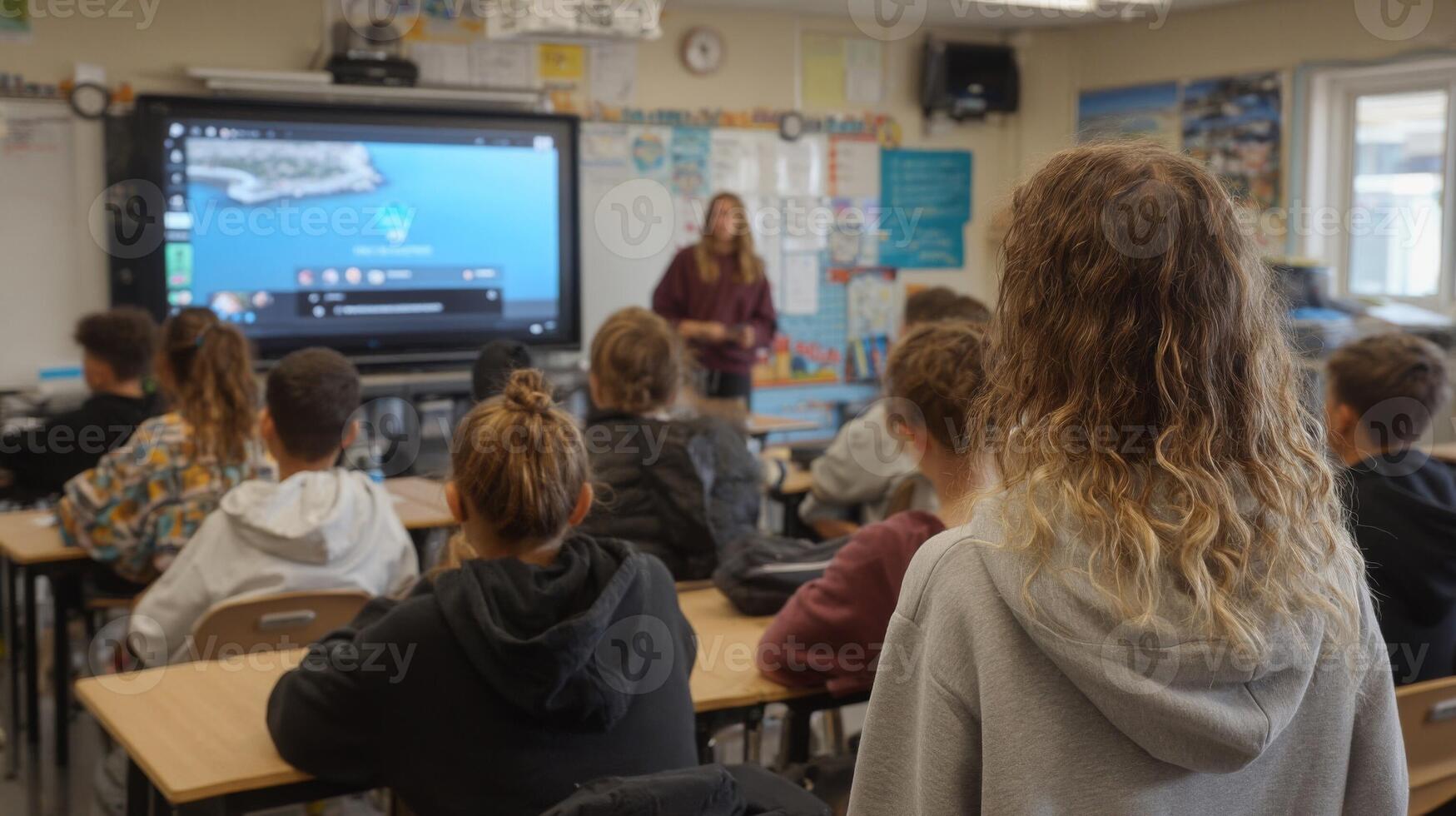 Teacher Leading Interactive Lesson In Bright Classroom photo