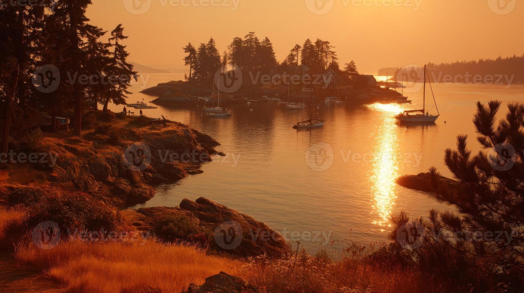 Golden Sunset over Coastal Island with Boats photo