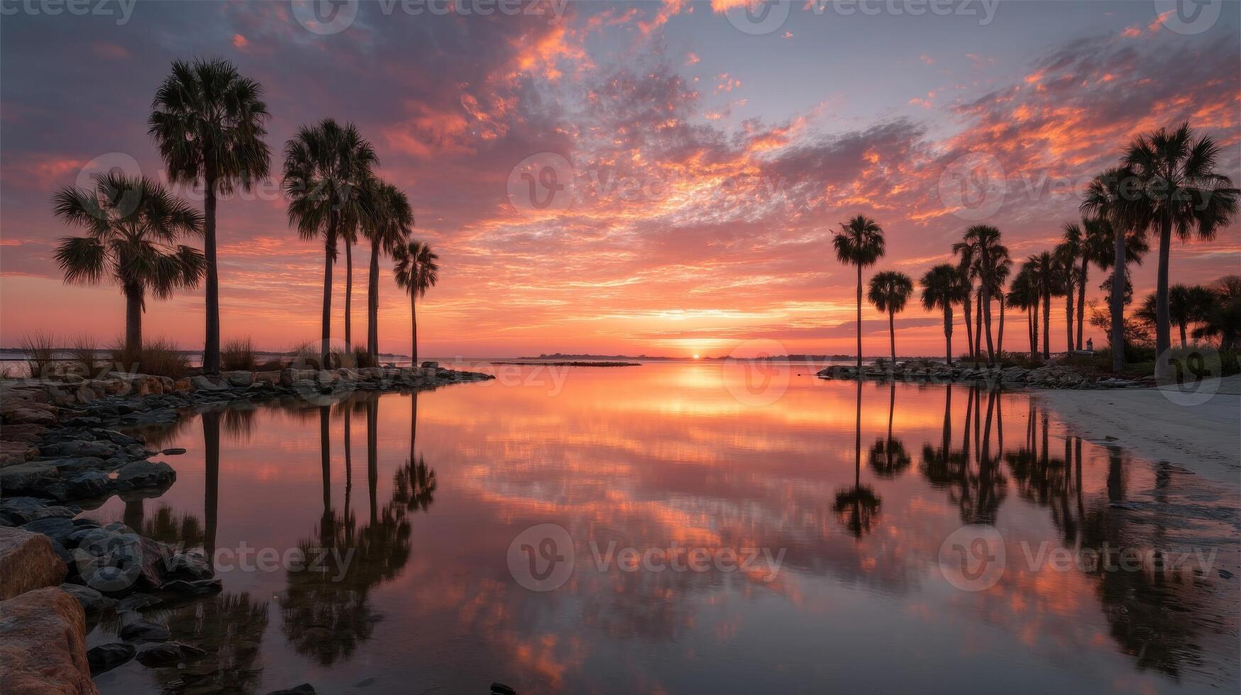 Vibrant Sunset Over Calm Water With Palm Tree Reflections photo