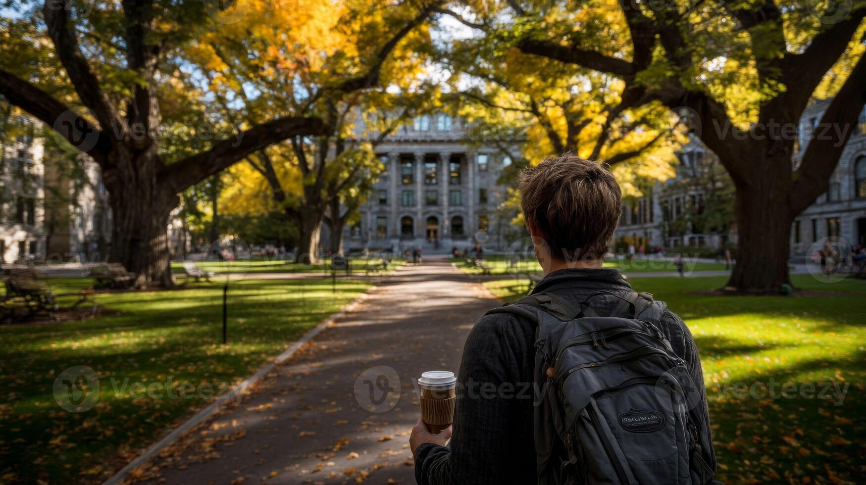 Young Man Walking on College Campus in Autumn photo