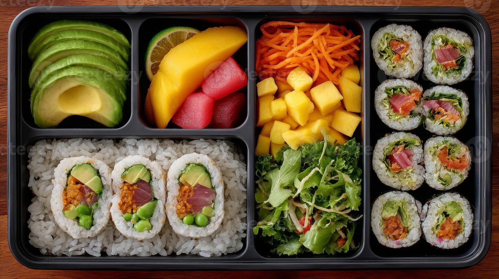 Colorful Sushi Bento Box with Avocado Mango Salad photo