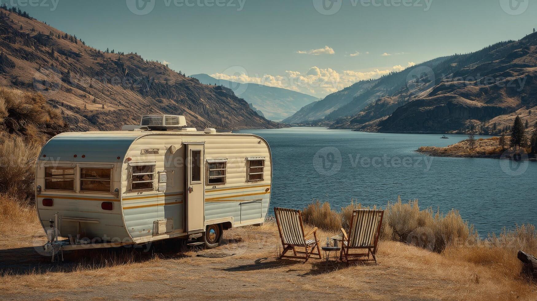 Vintage Camper Van by a Serene Lake in Mountain Valley photo