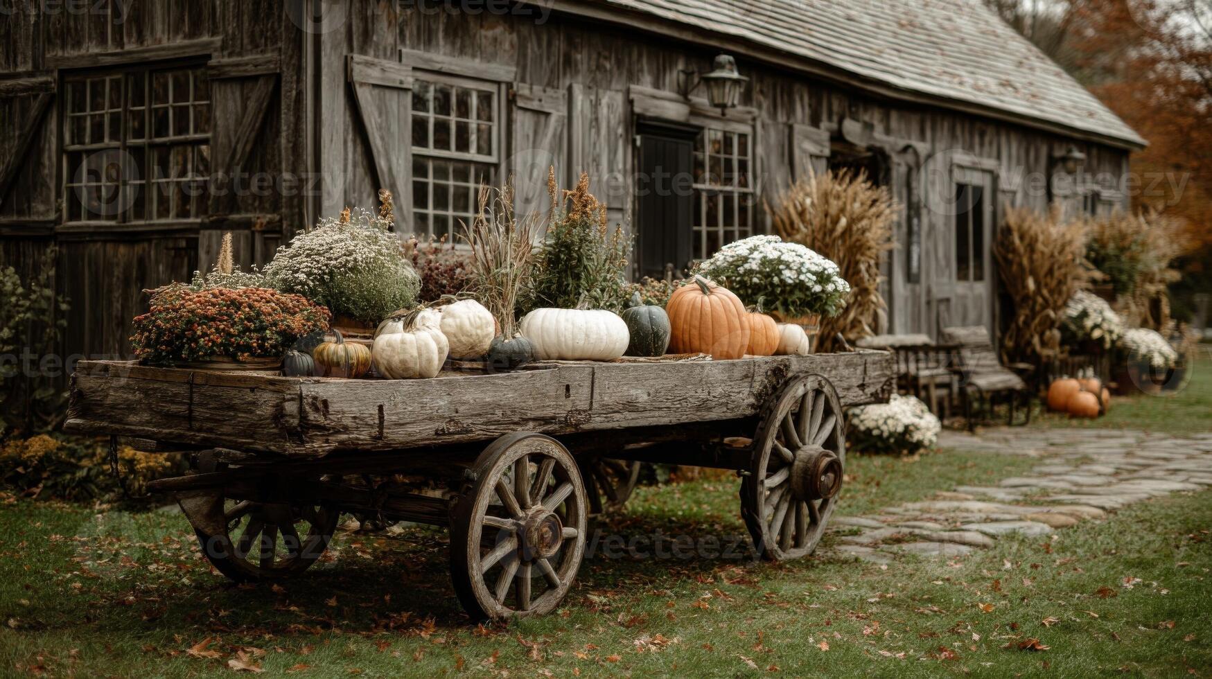 Rustic Wooden Wagon with Autumn Pumpkins and Flowers photo