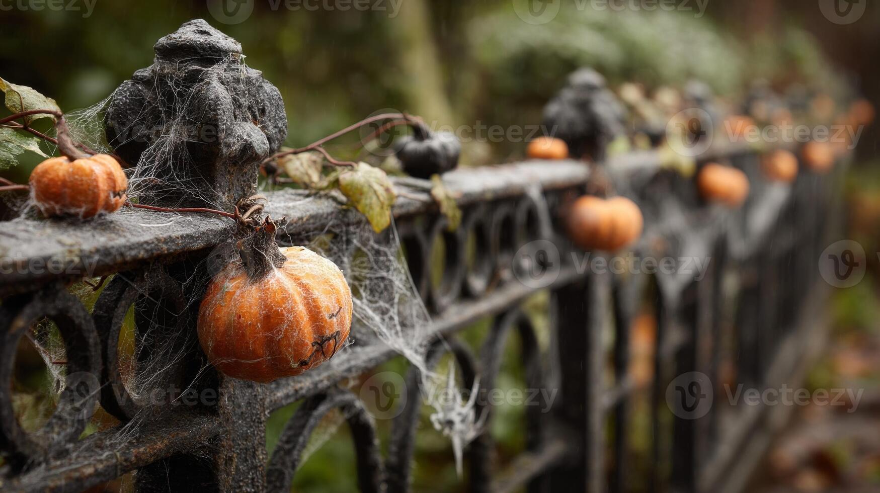 Frosty Pumpkins Adorn Wrought Iron Fence photo
