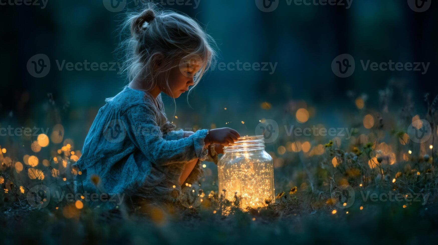 Girl with Fireflies in a Jar at Night in the Forest photo