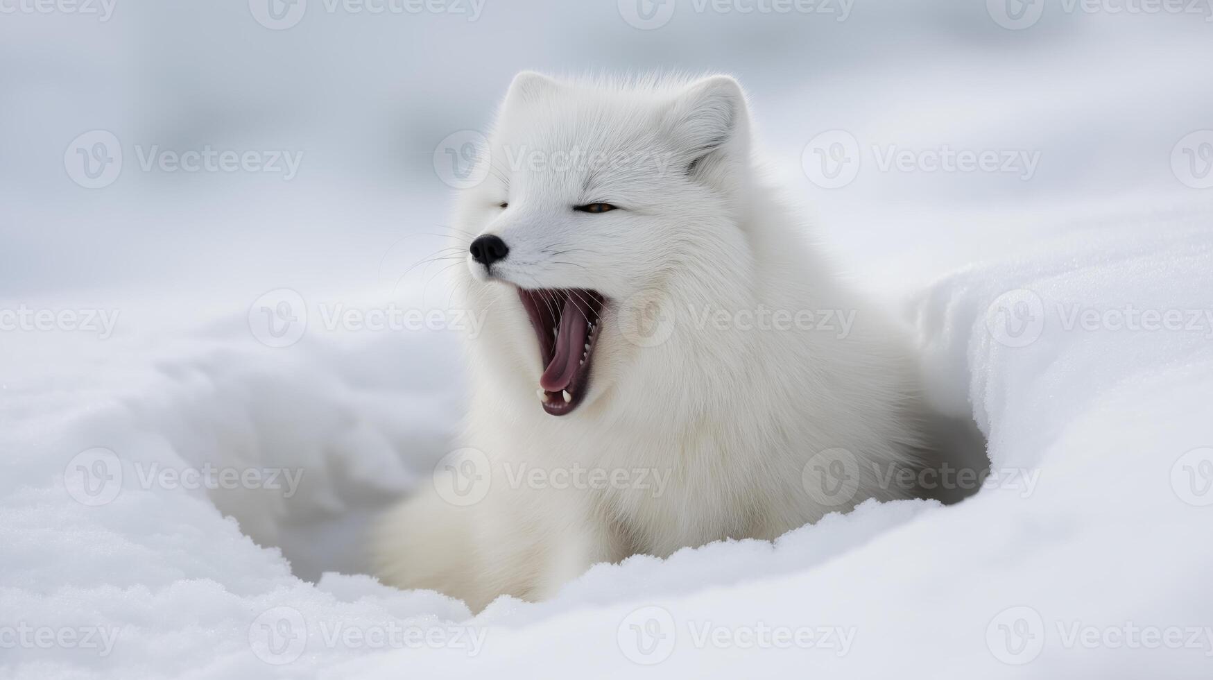 A sleepy arctic fox yawns in the snow, its white fur gleaming and eyes alert. photo