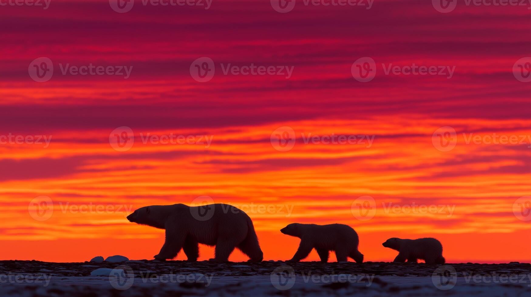 Three polar bears walk together along the shore with a vibrant sunset backdrop. photo