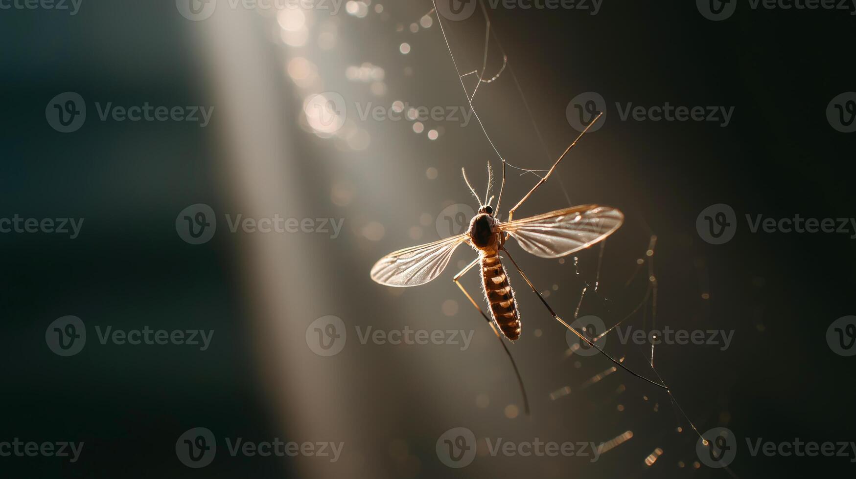 A mosquito is trapped in a spider web, illuminated by gentle sunlight in the late afternoon. photo