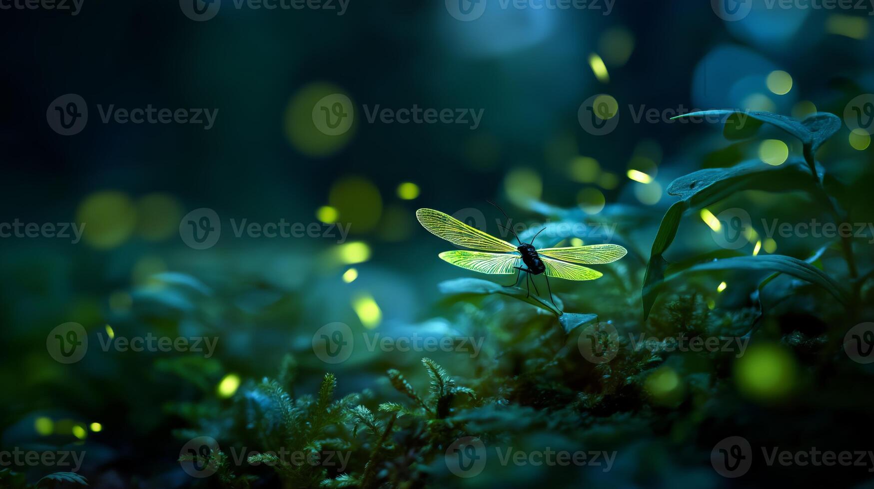 A glowing firefly sits on green leaves, creating a magical twilight ambiance in the forest. photo